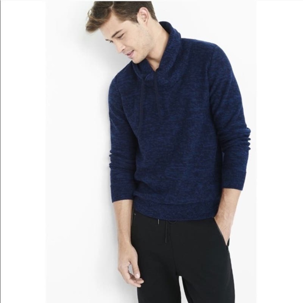 Express Mens Sweater M Shawl Collar Pullover Cotton Drawstring Marled Blue Black